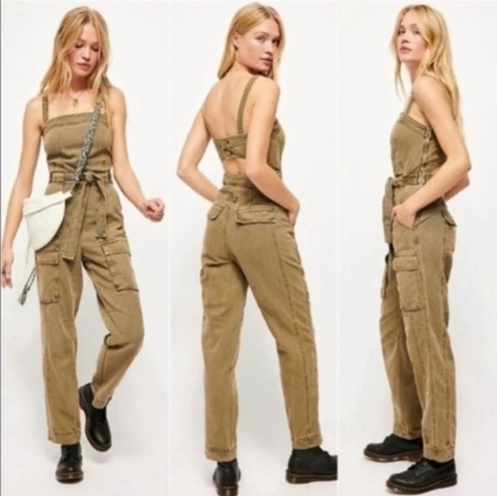 Free People  Size Small Go West Utility Jumpsuit Overalls Army Sage Green Grunge